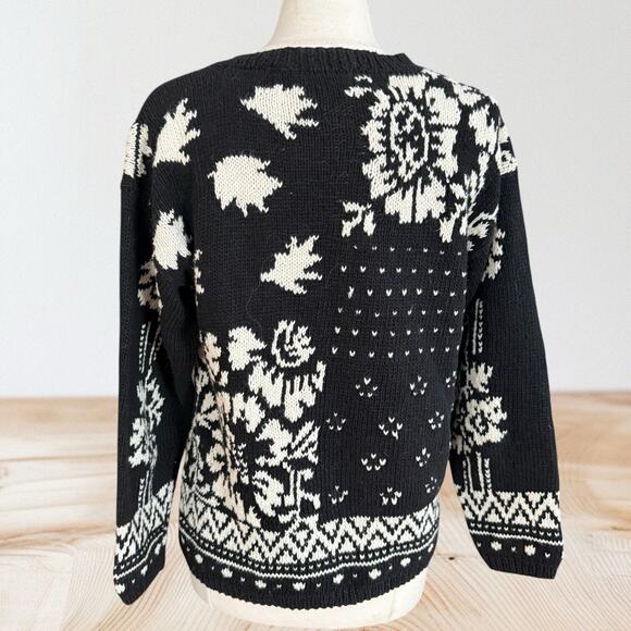 Marshall Field's Vintage Floral Intarsia Sweater Sz L Black White Cotton Blend - Picture 4 of 13